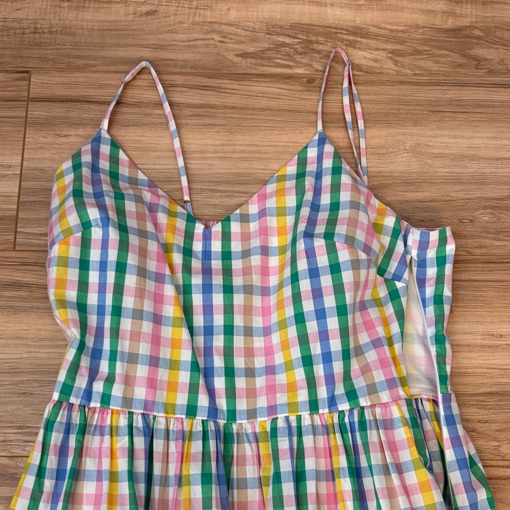 J. Crew. Long and Colorful Checkered Spaghetti Strap Dress